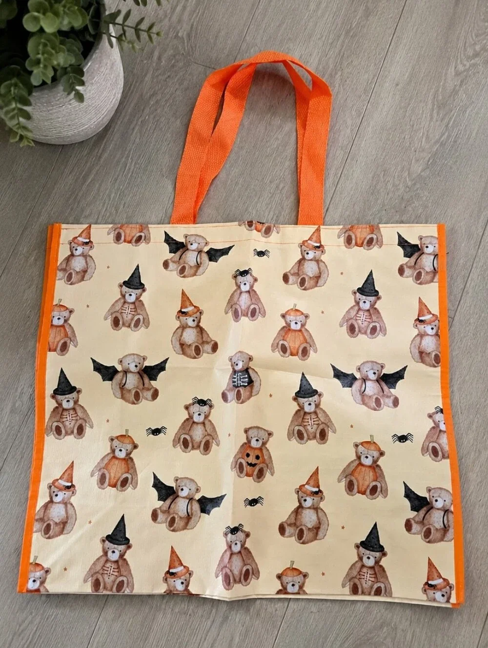 Teddy Bear Halloween Pumpkin Witch Reusable Fall Tote Bag